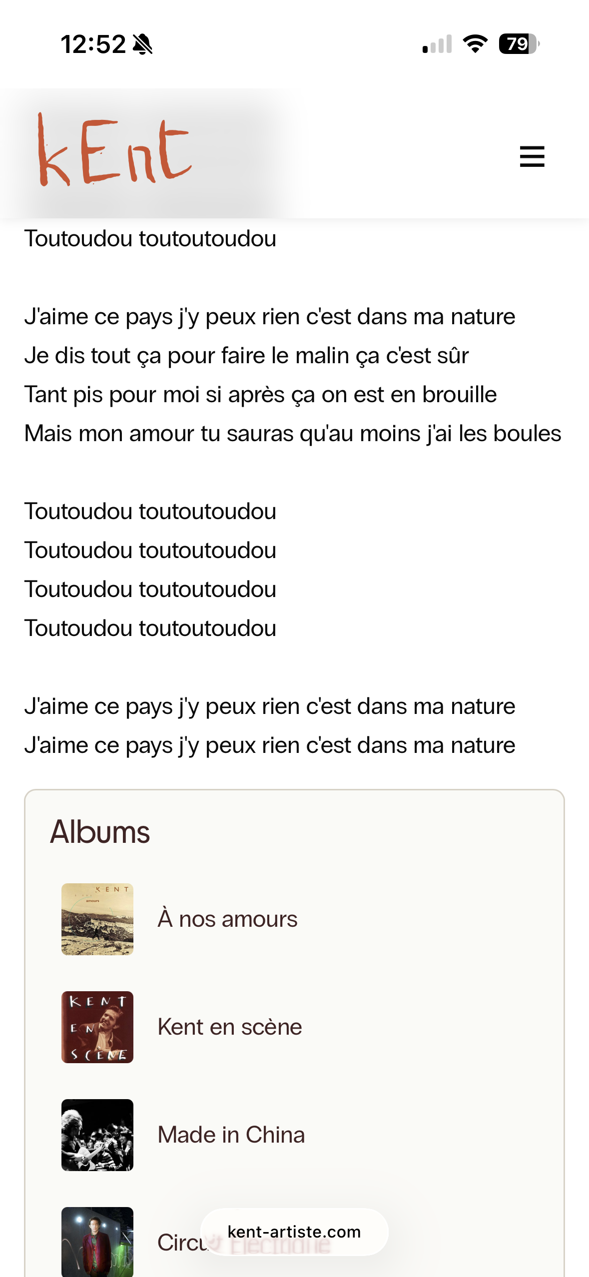 Kent song page and its related albums on a phone